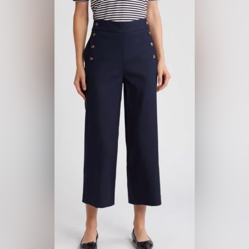Frame Navy Sailor Snap Cropped Pants with Button Accents
